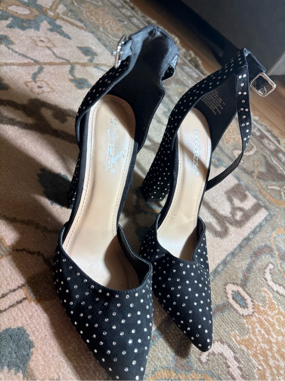 Shoe Dazzle Black Pointed Toe Rhinestone Ankle Strap Heels